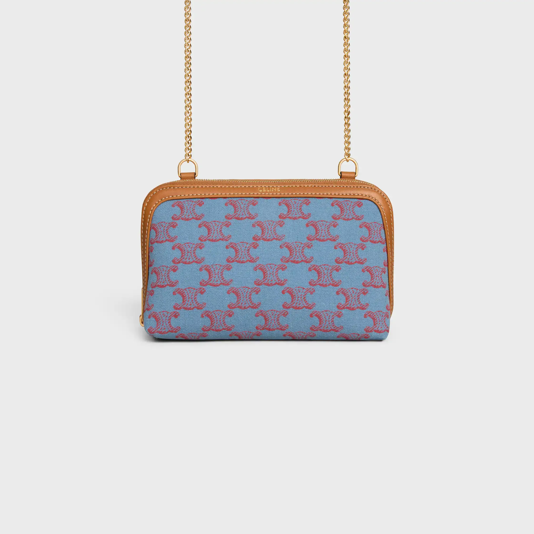 Clutch em Corrente em Tecido com Estampa Triomphe em Todo o Modelo e Couro de Novilho Natural