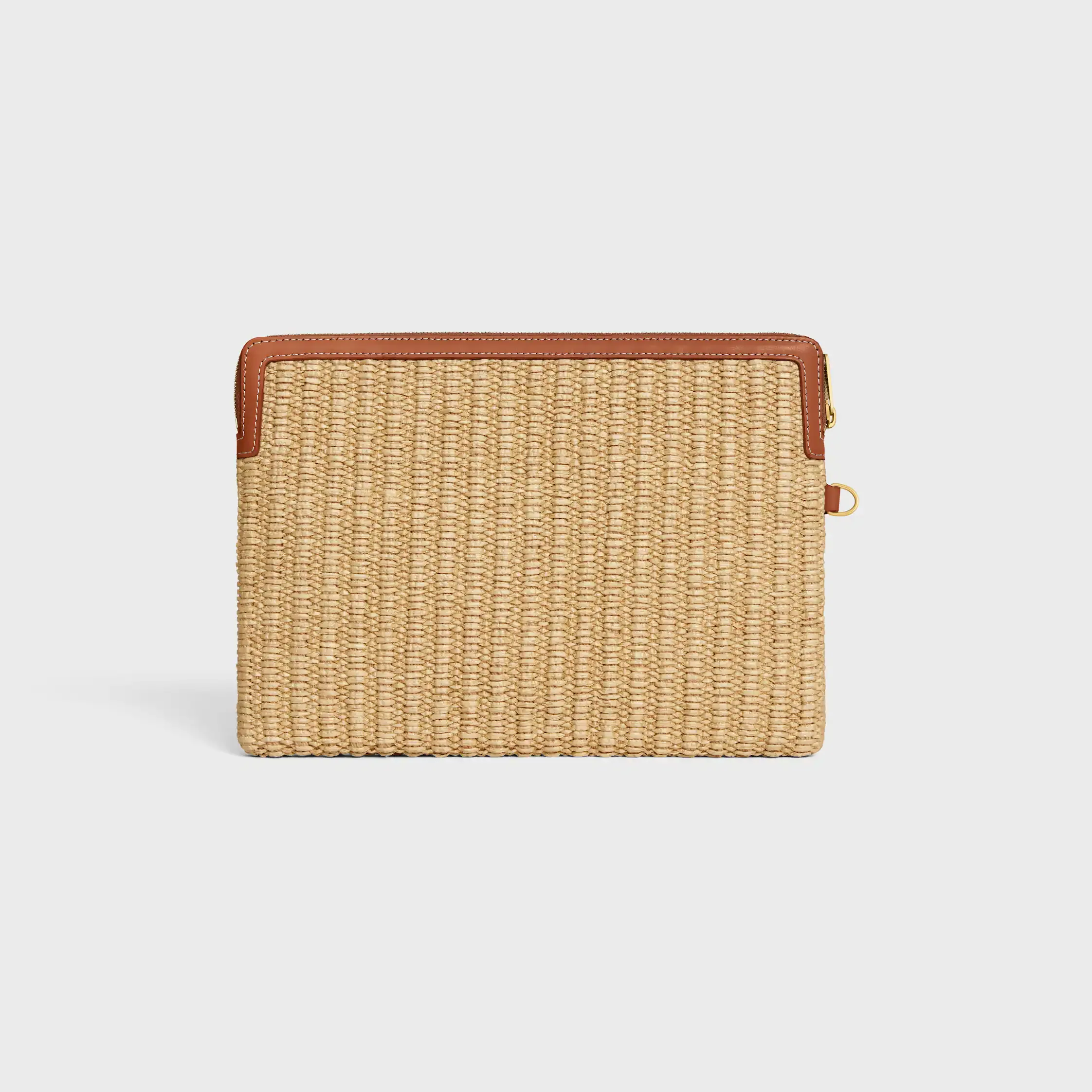 BOLSA PEQUENA COM ALÇA EM TECIDO COM EFEITO RAFFIA E COURO DE VACUO